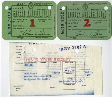 Lucille Ball and Desi Arnaz Original "SAG" Cards and Dues Receipt